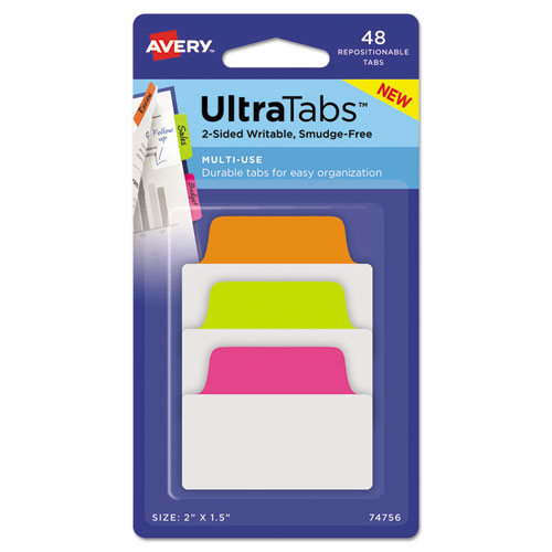 Picture of Ultra Tabs Repositionable Tabs, Standard: 2" x 1.5", 1/5-Cut, Assorted Neon Colors, 48/Pack
