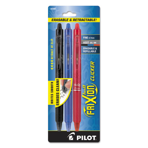 Frixion+Clicker+Erasable+Gel+Pen%2C+Retractable%2C+Fine+0.7+Mm%2C+Three+Assorted+Business+Ink+And+Barrel+Colors%2C+3%2Fpack