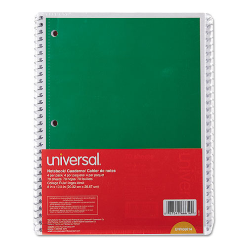 Picture of Wirebound Notebook, 1-Subject, Medium/College Rule, Assorted Cover Colors, (70) 10.5 x 8 Sheets, 4/Pack
