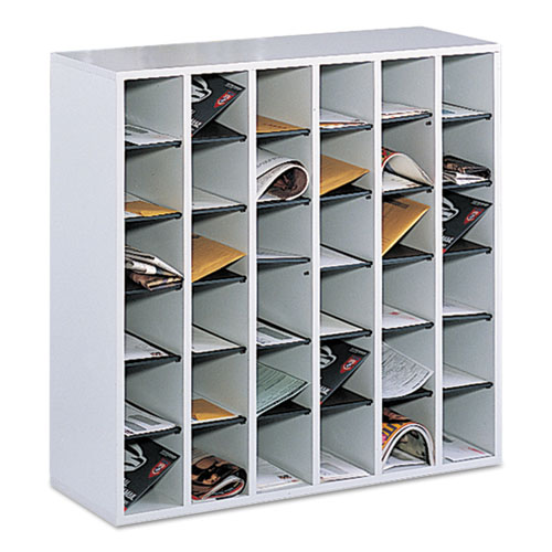 Picture of Wood Mail Sorter with Adjustable Dividers, Stackable, 36 Compartments, 33.75 x 12 x 32.75, Gray