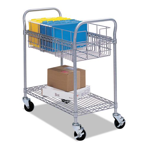 Picture of Dual-Purpose Wire Mail and Filing Cart, Metal, 1 Shelf, 1 Bin, 26.75" x 18.75" x 38.5", Metallic Gray