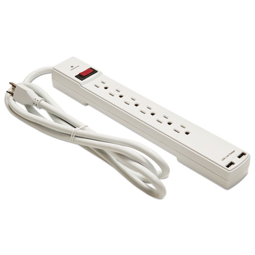 Picture of Surge Protector, 6 AC Outlets/2 USB Ports, 6 ft Cord, 1,080 J, White