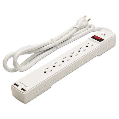 Picture of Surge Protector, 6 AC Outlets/2 USB Ports, 6 ft Cord, 1,080 J, White