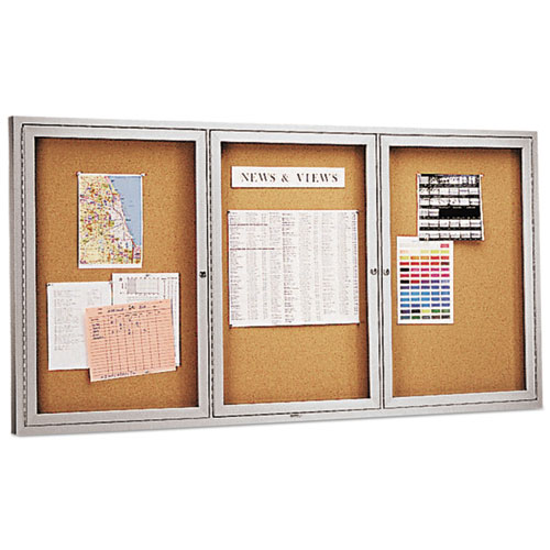 Picture of Enclosed Indoor Cork Bulletin Board with Three Hinged Doors, 72" x 36", Tan Surface, Satin Aluminum Frame