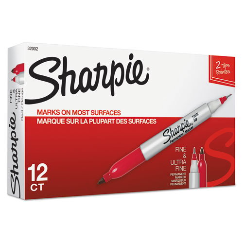 Picture of Twin-Tip Permanent Marker, Extra-Fine/Fine Bullet Tips, Red, Dozen