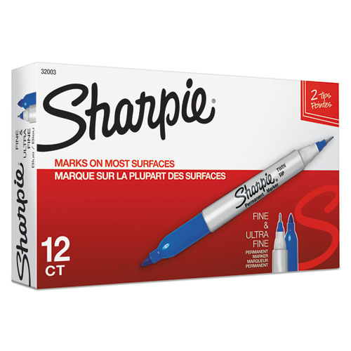 Picture of Twin-Tip Permanent Marker, Extra-Fine/Fine Bullet Tips, Blue, Dozen