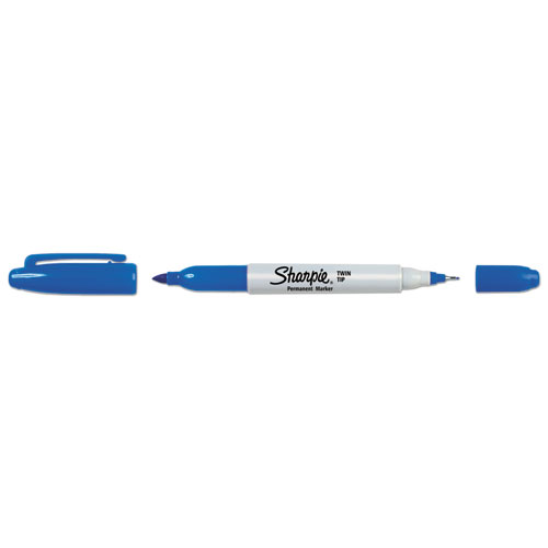 Picture of Twin-Tip Permanent Marker, Extra-Fine/Fine Bullet Tips, Blue, Dozen