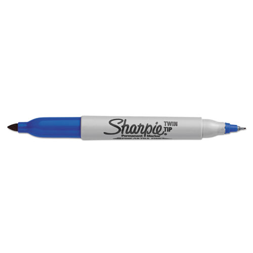 Picture of Twin-Tip Permanent Marker, Extra-Fine/Fine Bullet Tips, Blue, Dozen