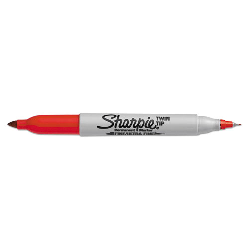 Picture of Twin-Tip Permanent Marker, Extra-Fine/Fine Bullet Tips, Red, Dozen