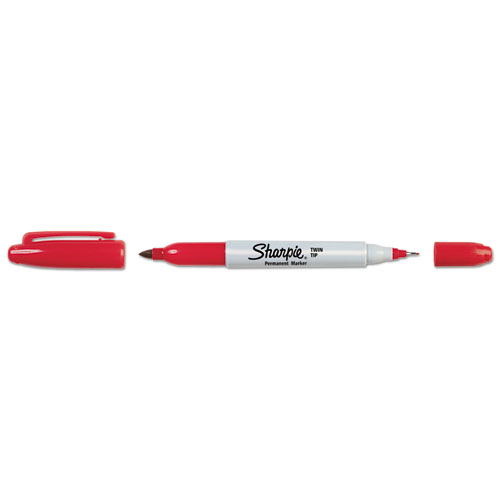 Picture of Twin-Tip Permanent Marker, Extra-Fine/Fine Bullet Tips, Red, Dozen