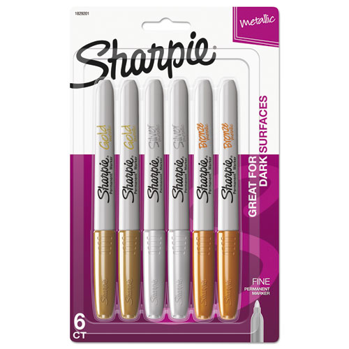 Picture of Metallic Fine Point Permanent Markers, Fine Bullet Tip, Gold-Silver-Bronze, 6/Pack