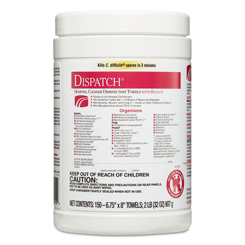Picture of Dispatch Cleaner Disinfectant Towels, 1-Ply, 6.75 x 8, Unscented, White, 150/Canister