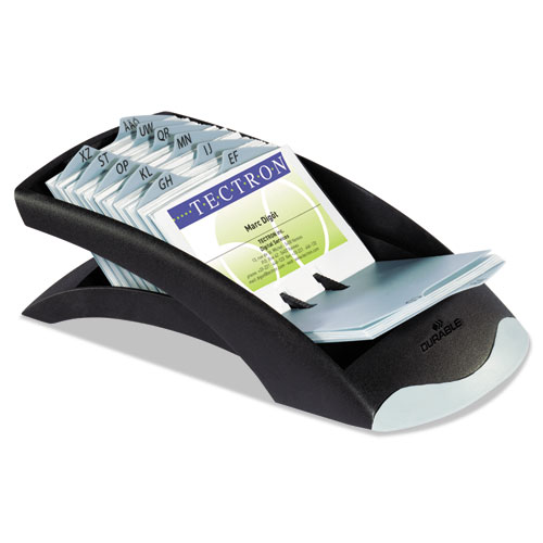 Picture of VISIFIX Desk Business Card File, Holds 200 2.88 x 4.13 Cards, 5 x 9.31 x 3.56, Plastic, Graphite/Black