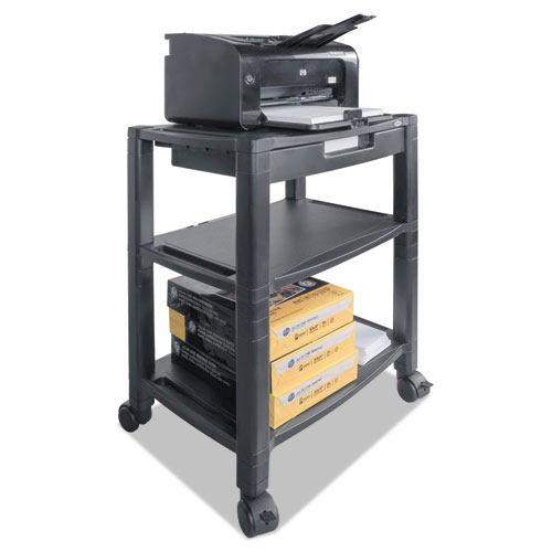 Picture of Height-Adjustable Deskside Printer Cart, Plastic, 3 Shelves, 1 Drawer, 60 lb Capacity, 20" x 13.25" x 24.5", Black