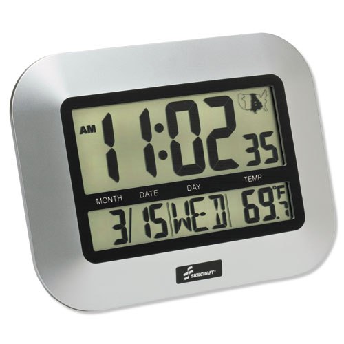 6645016611877+SKILCRAFT+LCD+Digital+Radio-Controlled+Clock%2C+7.25%26quot%3B+x+9.75%26quot%3B%2C+Silver+Case%2C+2+AAA+%28sold+separately%29