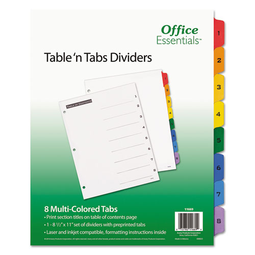 Table+%26apos%3Bn+Tabs+Dividers%2C+8-Tab%2C+1+to+8%2C+11+x+8.5%2C+White%2C+Assorted+Tabs%2C+1+Set