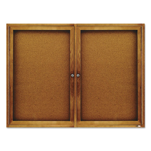 Picture of Enclosed Indoor Cork Bulletin Board with Two Hinged Doors, 48" x 36", Tan Surface, Oak Finished Fiberboard (MDF) Frame