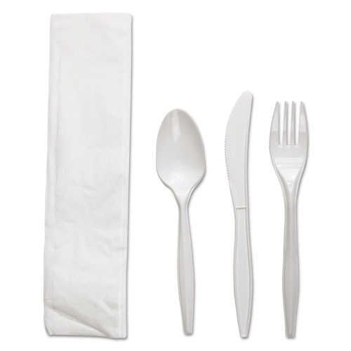 Picture of Four-Piece Cutlery Kit, Fork/Knife/Napkin/Teaspoon, White, Polypropylene, 250/Carton