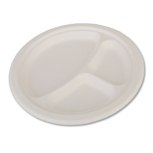 Picture of ChampWare Heavyweight Bagasse Dinnerware, Plate, 3-Compartment, 10" dia, White, 500/Carton