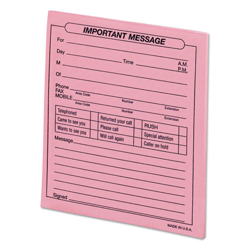 Picture of “Important Message” Pink Pads, One-Part (No Copies), 4.25 x 5.5, 50 Forms/Pad, 12 Pads/Pack