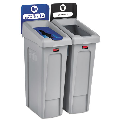 Picture of Slim Jim Recycling Station Kit, 2-Stream Landfill/Mixed Recycling, 46 gal, Plastic, Blue/Gray
