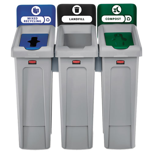 Picture of Slim Jim Recycling Station Kit, 3-Stream Landfill/Mixed Recycling, 69 gal, Plastic, Blue/Gray/Green