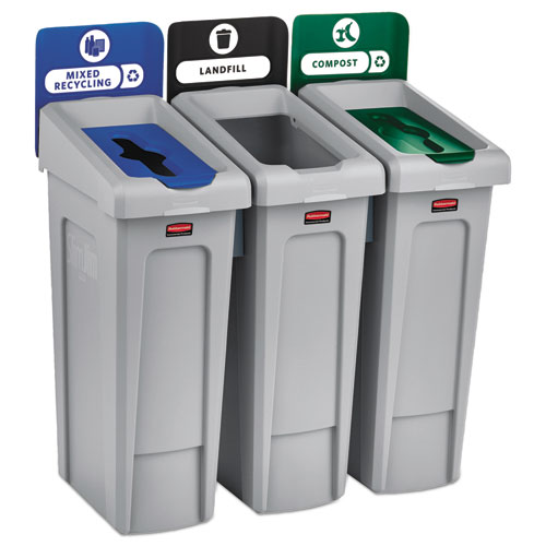Picture of Slim Jim Recycling Station Kit, 3-Stream Landfill/Mixed Recycling, 69 gal, Plastic, Blue/Gray/Green