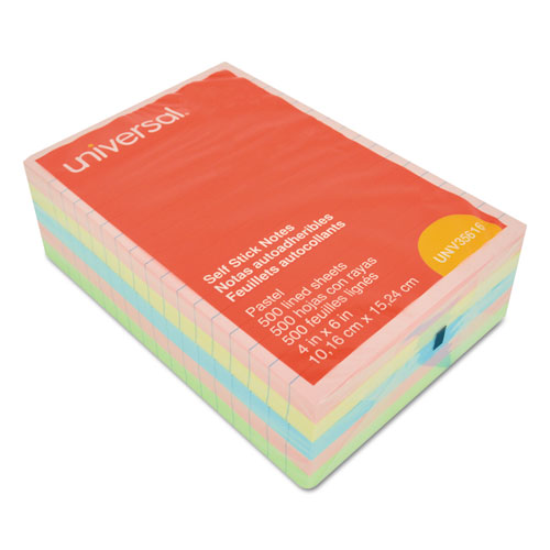 Picture of Self-Stick Note Pads, Note Ruled, 4" x 6", Assorted Pastel Colors, 100 Sheets/Pad, 5 Pads/Pack