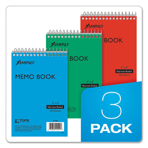 Picture of Memo Pads, Narrow Rule, Assorted Cover Colors, 40 White 4 x 6 Sheets, 3/Pack