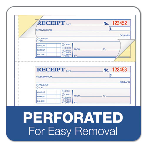 Picture of Receipt Book, Three-Part Carbonless, 7.19 x 2.75, 4 Forms/Sheet, 100 Forms Total