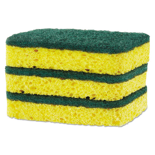 Picture of Heavy Duty Scrubber Sponge, 2.5 x 4.5, 0.9" Thick, Yellow/Green, 3/Pack, 8 Packs/Carton