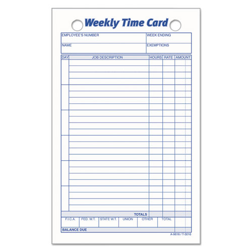 Picture of Weekly Employee Time Cards, One Side, 4.25 x 6.75, 100/Pack