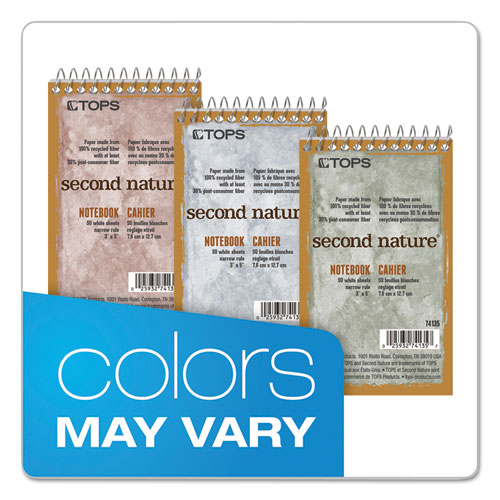 Picture of Second Nature Wirebound Notepads, Narrow Rule, Randomly Assorted Cover Colors, 50 White 3 x 5 Sheets