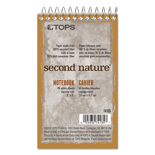 Picture of Second Nature Wirebound Notepads, Narrow Rule, Randomly Assorted Cover Colors, 50 White 3 x 5 Sheets
