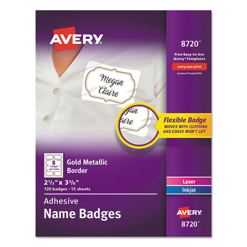 Picture of Flexible Adhesive Name Badge Labels, 3 3/8 x 2 1/3, White/Gold Border, 120/PK