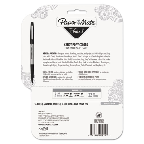 Picture of Flair Felt Tip Porous Point Pen, Stick, Extra-Fine 0.4 mm, Assorted Ink Colors, Gray Barrel, 16/Pack