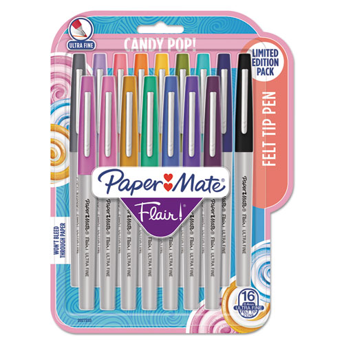 Picture of Flair Felt Tip Porous Point Pen, Stick, Extra-Fine 0.4 mm, Assorted Ink Colors, Gray Barrel, 16/Pack