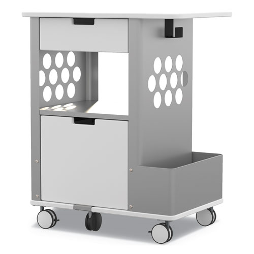 Picture of Mobile Storage Cart, Metal, 2 Shelves, 2 Drawers, 1 Bin, 150 lb Capacity, 28" x 20" x 33.5", White