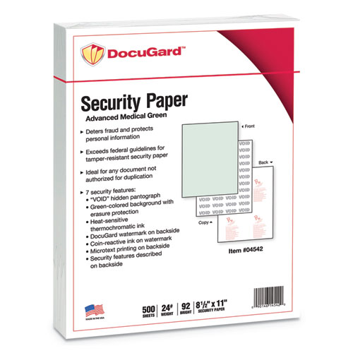 Picture of Medical Security Papers, 24 lb Bond Weight, 8.5 x 11, Green, 500/Ream