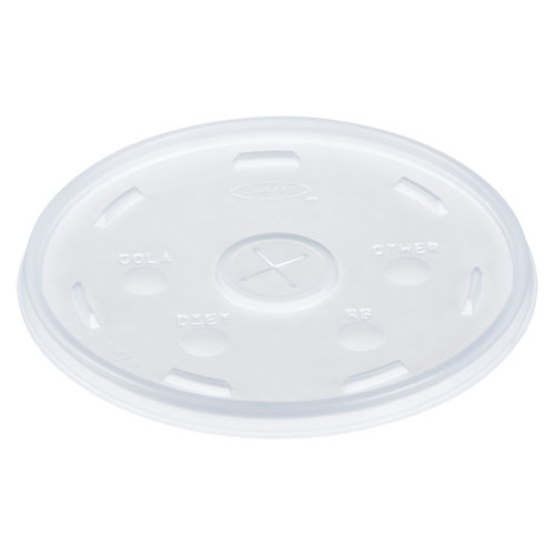 Picture of Plastic Lids for Foam Cups, Bowls and Containers, Flat with Straw Slot, Fits 12-60 oz, Translucent, 100/Pack, 5 Packs/Carton