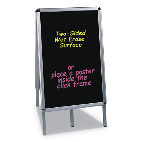 Picture of Reversible Wet Erase Sign Board with Poster Clips, Stands 42" Tall, 23" x 33" Black Surfaces, Satin Aluminum Frame