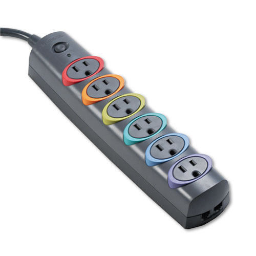 Picture of SmartSockets Color-Coded Strip Surge Protector, 6 AC Outlets, 6 ft Cord, 670 J, Black