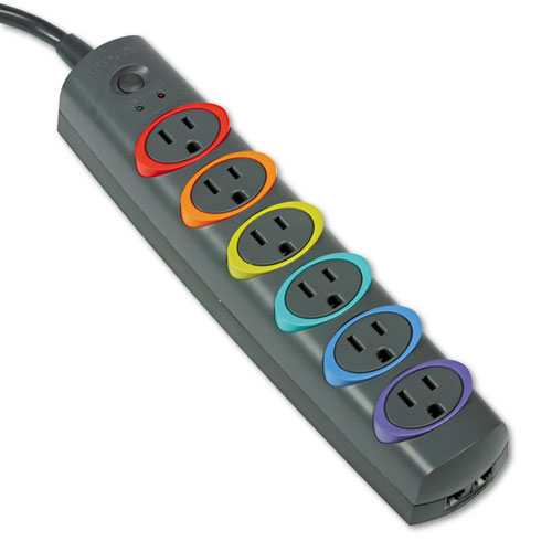 Picture of SmartSockets Color-Coded Strip Surge Protector, 6 AC Outlets, 7 ft Cord, 945 J, Black