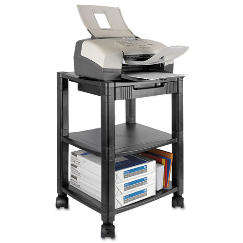 Picture of Height-Adjustable Deskside Printer Cart, Plastic, 3 Shelves, 1 Drawer, 75 lb Capacity, 17" x 13.25" x 24.5", Black