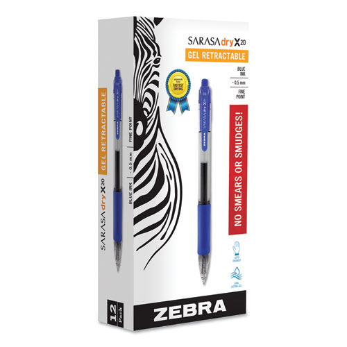 Picture of Sarasa Dry Gel X20 Gel Pen, Retractable, Fine 0.5 mm, Blue Ink, Clear/Blue Barrel, 12/Pack