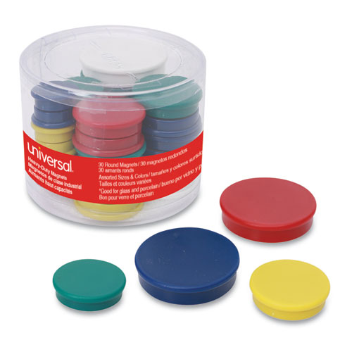 Picture of High-Intensity Assorted Magnets, Circles, Assorted Colors, 0.75", 1.25" and 1.5" Diameters, 30/Pack