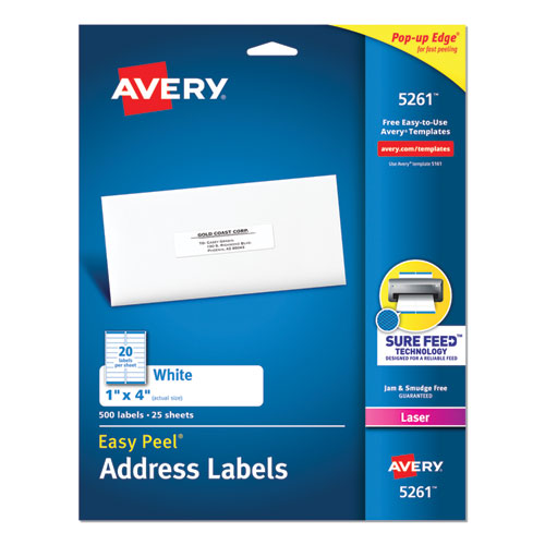Picture of Easy Peel White Address Labels w/ Sure Feed Technology, Laser Printers, 1 x 4, White, 20/Sheet, 25 Sheets/Pack