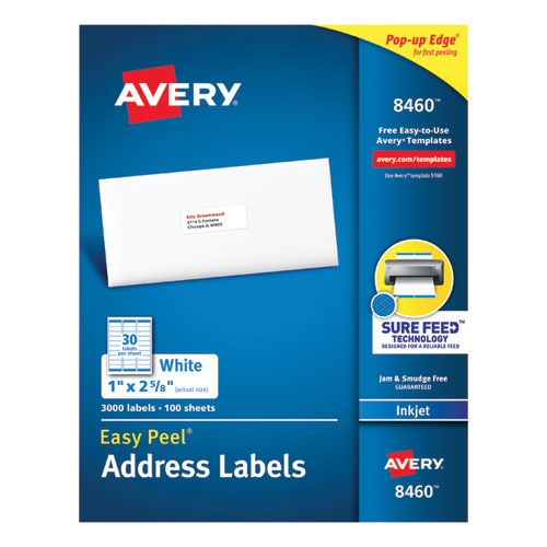 Picture of Easy Peel White Address Labels w/ Sure Feed Technology, Inkjet Printers, 1 x 2.63, White, 30/Sheet, 100 Sheets/Box
