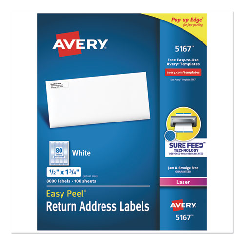 Picture of Easy Peel White Address Labels w/ Sure Feed Technology, Laser Printers, 0.5 x 1.75, White, 80/Sheet, 100 Sheets/Box