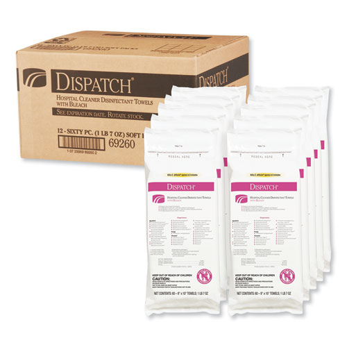 Picture of Dispatch Cleaner Disinfectant Towels with Bleach, 1-Ply, 9 x 10, Unscented, White, 60/Pack, 12 Packs/Carton